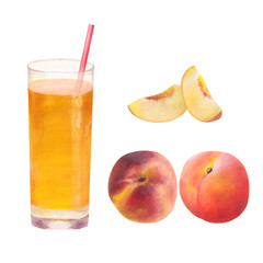 Hand painted juice with peaches and slices. Isolated objects on white background