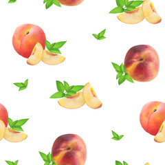 Seamless pattern with peaches with leaves