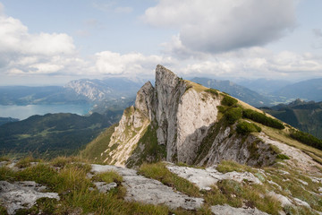 Panoramic view of mountains from Schafberg peak in  Salzkammergut, Austria in a beautiful summer day