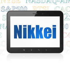 Stock market indexes concept: Tablet Computer with  blue text Nikkei on display,  Tag Cloud background, 3D rendering