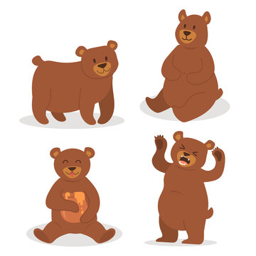 Cartoon bear character teddy pose vector set wild grizzly cute illustration adorable animal design.