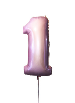 Helium Balloon In The Shape Of The Numbers 1 Color Pink Metallic, On White Background