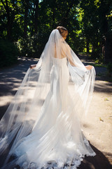 Silhouette of beautiful bride weared in dress and veil. Wedding dress and happiness. Love and new family concept. Honeymoon. Park or interior. Saint-Petersburg wedding tourism. Russian bride