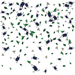 Colorful birds and leaves in dudling style on a white background. Vector illustration.