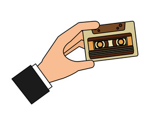 hand holding retro vintage cassette tape record vector illustration