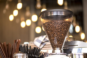 Coffee shop interior, Coffee beans in the glass jar.