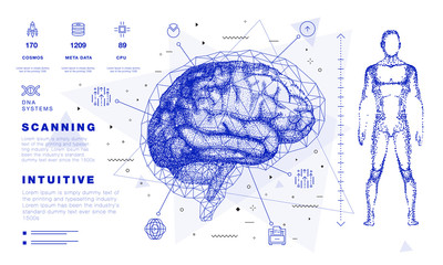 Human brain in Innovations systems global study of the connection with robotics and the development of science in the field of the cyber industry. Realistics point style with linear inphographics pict