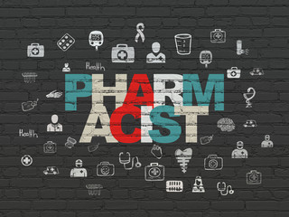 Health concept: Painted multicolor text Pharmacist on Black Brick wall background with  Hand Drawn Medicine Icons