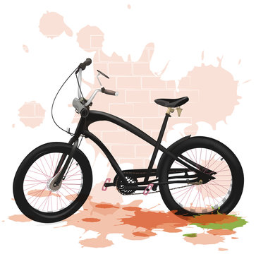 Vector bicycle. Bicycle drawing. Journey.Helmet. Blots. Wall. Brick wall