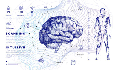 Human brain in Innovations systems global study of the connection with robotics and the development of science in the field of the cyber industry. Realistics point style with linear inphographics pict