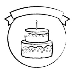 sketch of emblem with decorative ribbon and birthday cake with candles  over white background, vector illustration