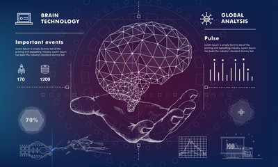 Human brain in Innovations systems global study of the connection with robotics and the development of science in the field of the cyber industry. Realistics point style with linear inphographics pict