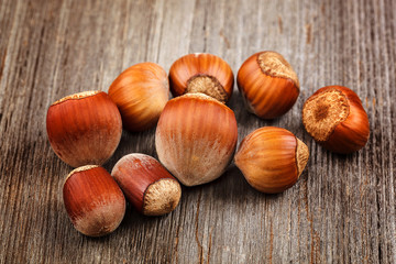 Hazelnut on a wooden background. Healthy food