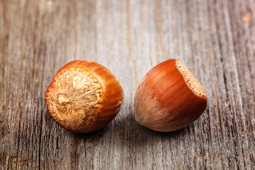 Hazelnut on a wooden background. Healthy food