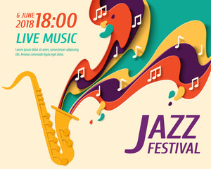 International Jazz Day - music paper cut style poster for jazz festival or night blues retro party with saxophone and notes. Vector paper craft vintage music background - obrazy, fototapety, plakaty