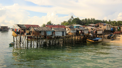 Poor fishing village in Asia, at risk from climate change and rising sea levels 
