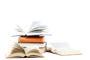 Books in a stack on white background.
