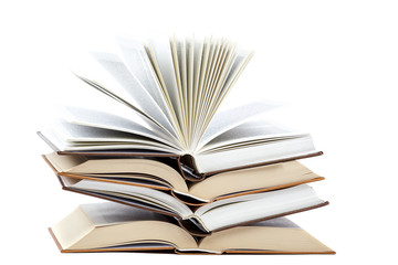 Books in a stack on white background.