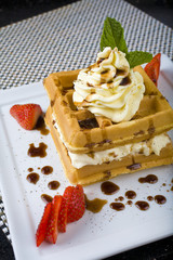 dessert waffels with vanilla ice cream