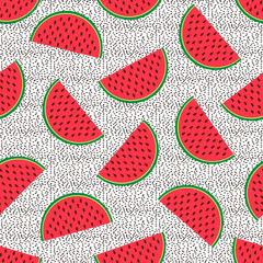 Seamless pattern with colorful watermelons and black dots.
