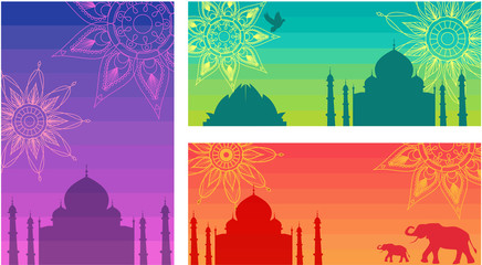 India backgrounds with Taj Mahal, Lotus Temple and mandalas.