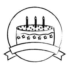 Fototapeta premium sketch of emblem with birthday cake and decorative ribbon over white background, vector illustration