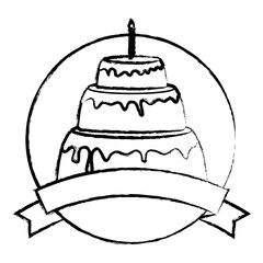 sketch of emblem with decorative ribbon and birthday cake with candles  over white background, vector illustration