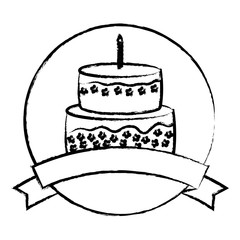 sketch of emblem with birthday cake and decorative ribbon over white background, vector illustration