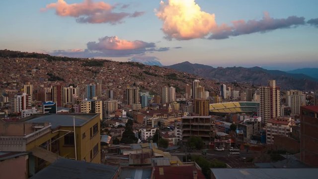 Zoom in timelapse of the city of La Paz during sunset, Bolivia.