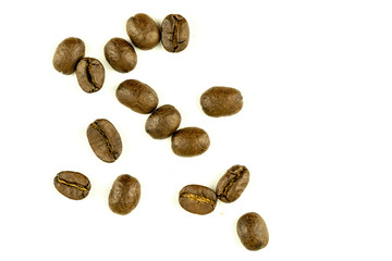 close up of medium or dark roasted coffee beans isolated on white background, can be used as a background or graphic object in your ads.