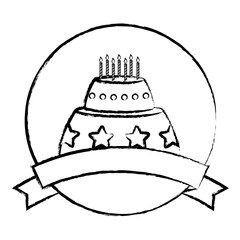 sketch of emblem with birthday cake and decorative ribbon over white background, vector illustration