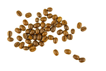 close up of medium or dark roasted coffee beans isolated on white background, can be used as a background or graphic object in your ads.