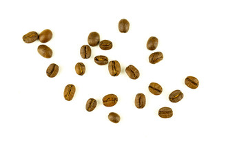 close up of medium or dark roasted coffee beans isolated on white background, can be used as a background or graphic object in your ads.