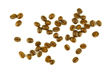 close up of medium or dark roasted coffee beans isolated on white background, can be used as a background or graphic object in your ads.