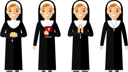 Set of different a religious people, priest and nun in colorful flat style. Vector illustration of a religious people, priest and nun
