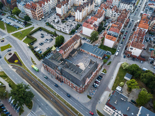 Aerial: The old town of Elblag, Poland