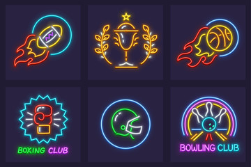 Set of sporting neon icons. Balls and helmet for american
