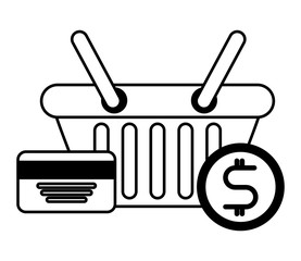 e-commerce shopping basket credit card and money vector illustration black and white