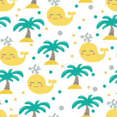Fototapeta na wymiar Cute seamless childish pattern for kids in scandinavian style with whale and palm.
