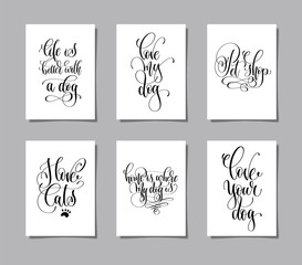 Naklejka premium set of six hand lettering posters about dog and cat