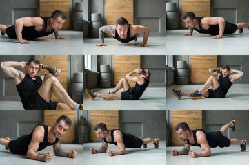 Collage of young man practicing yoga in gym