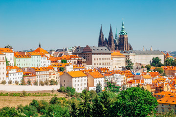 Fototapeta na wymiar Prague castle and St. Vitus Cathedral from Petrin hill in Czech Republic
