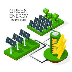 a set of alternative energy sources. Solar panels transmit energy to the battery. isometric 3d