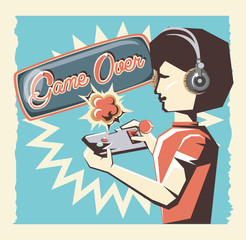 woman playing video game retro vector illustration design