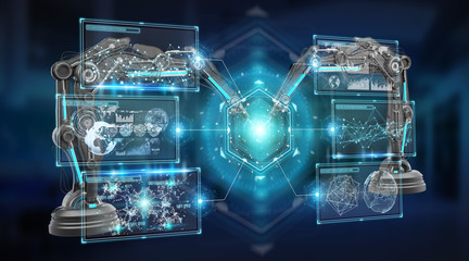 Robotics arms with digital screen 3D rendering