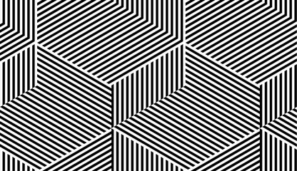 Abstract vector seamless moire pattern with cubic lattice lines. Monochrome graphic black and white ornament. Striped repeating texture