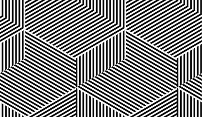 Abstract vector seamless moire pattern with cubic lattice lines. Monochrome graphic black and white ornament. Striped repeating texture