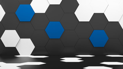 empty room with hexagons 3d rendering