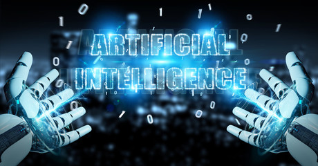 White cyborg hand using digital artificial intelligence text hologram 3D rendering