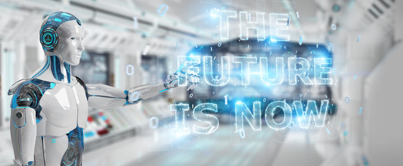 White cyborg using future decision text interface 3D rendering